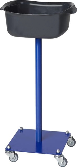 Un bac collecteur mobile bleu avec un bac noir sur roulettes pour une utilisation en atelier.