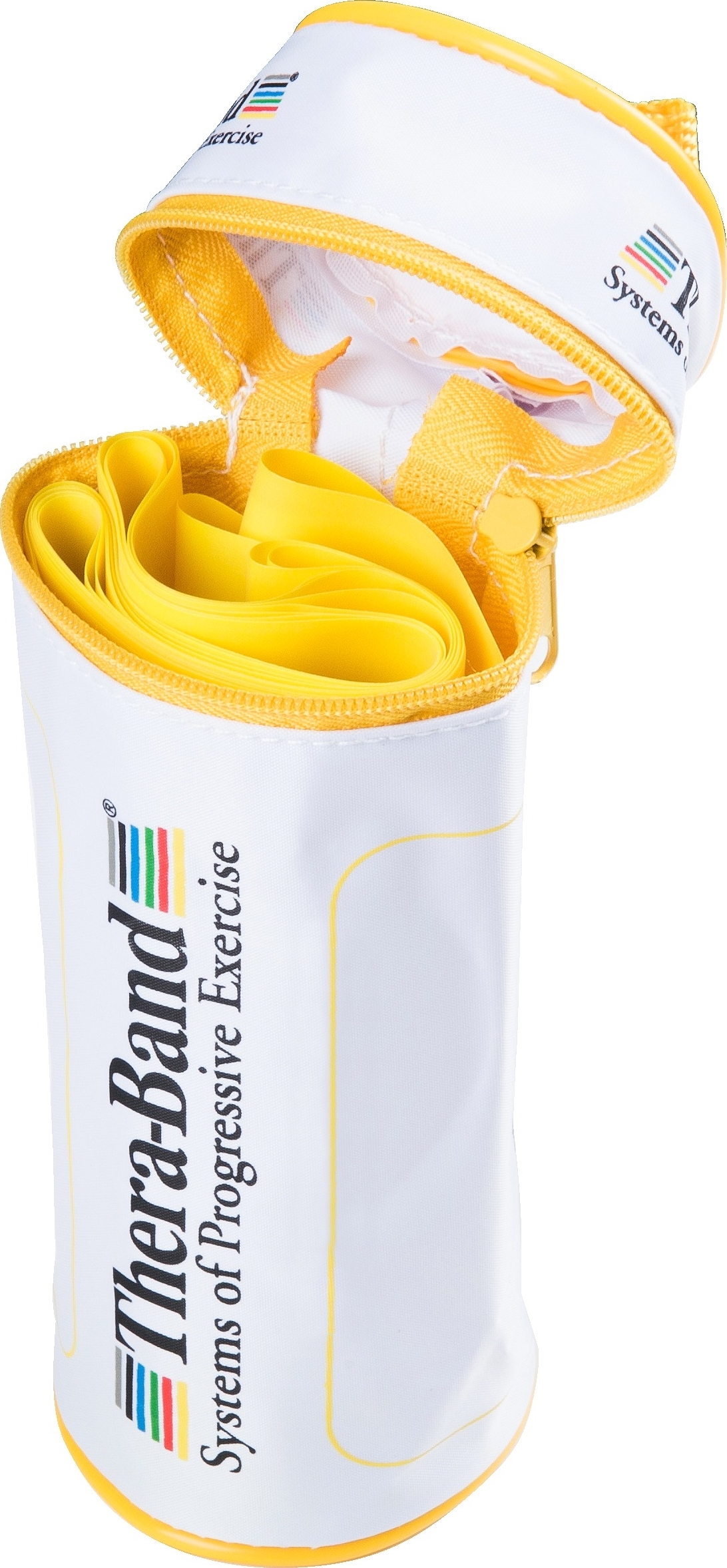 Gelbes Thera-Band Trainingsband in einer weißen Tasche mit Reißverschluss