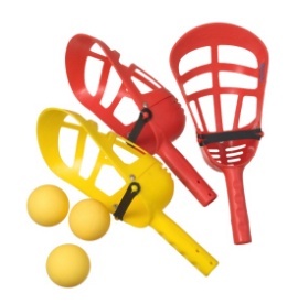 Set da gioco con due palette gialle e una rossa, oltre a tre palline gialle