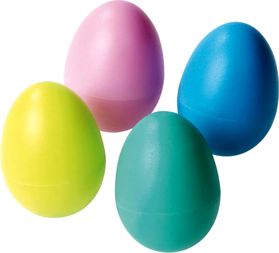 Vier pastellfarbene Kunststoff-Eier in Gelb, Pink, Türkis und Blau auf weißem Hintergrund.