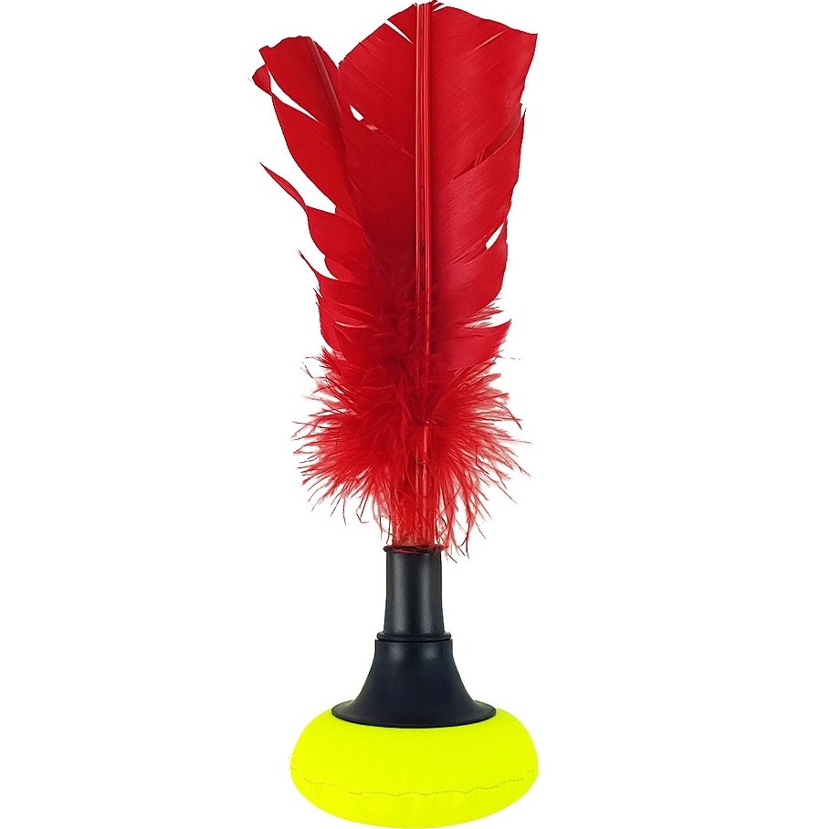 Indiaca Federball mit roter Feder und stabiler gelber Basis, ideal für Spiel und Spaß im Freien
