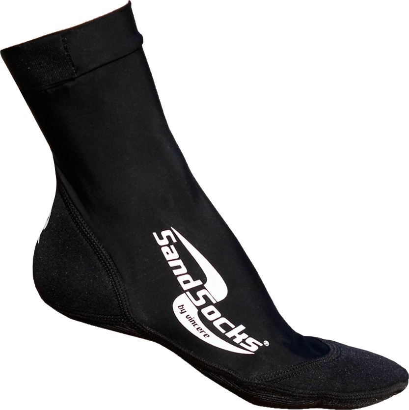 Schwarze SandSocks mit weißem Logo, ideal für Aktivitäten am Strand