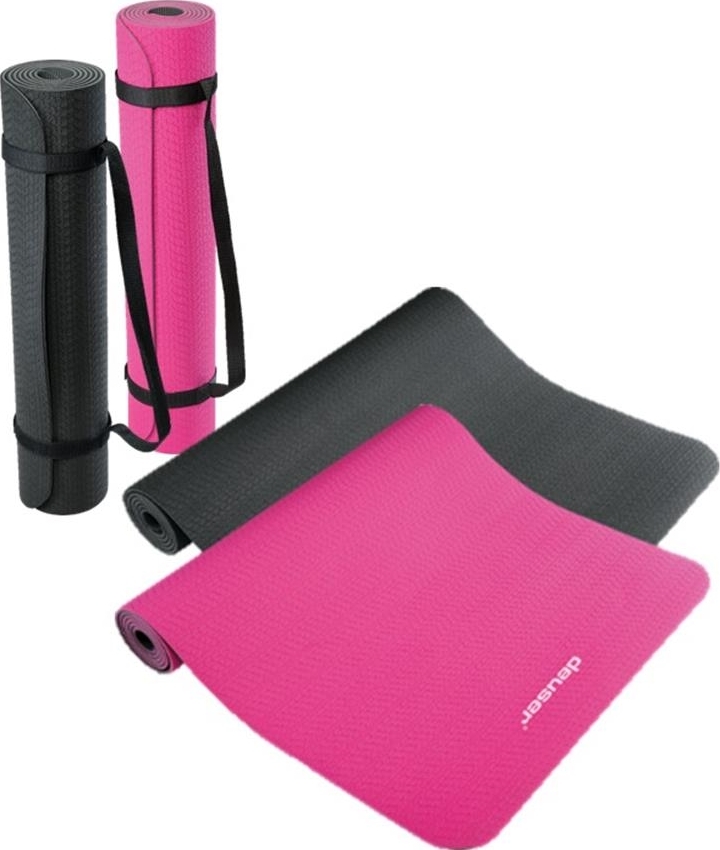 Zwei Yoga- und Fitnessmatten in Pink und Schwarz, eine ausgerollt und eine zusammengerollt mit Tragegurten
