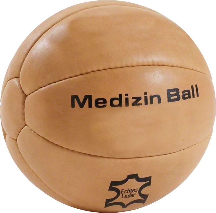 Médicine-ball en cuir marron avec l'inscription 'Medizin Ball' sur la surface