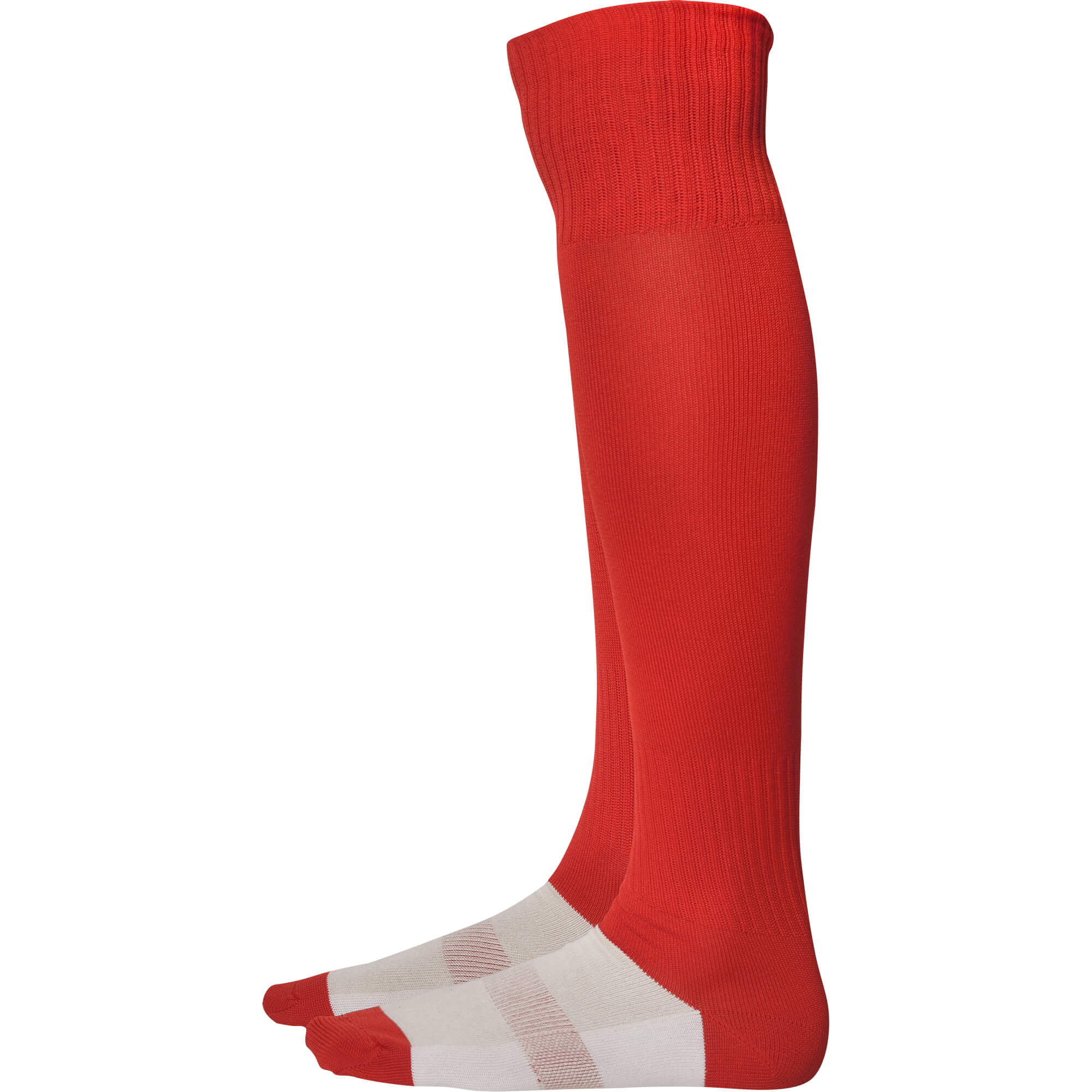 Longues chaussettes de sport rouges avec des accents blancs au niveau du pied