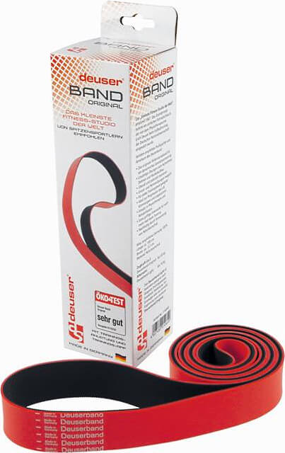 Deuserband Original Fitnessband in rot-schwarzer Farbgebung, verpackt in einer Schachtel mit Qualitätssiegel für effektives Training