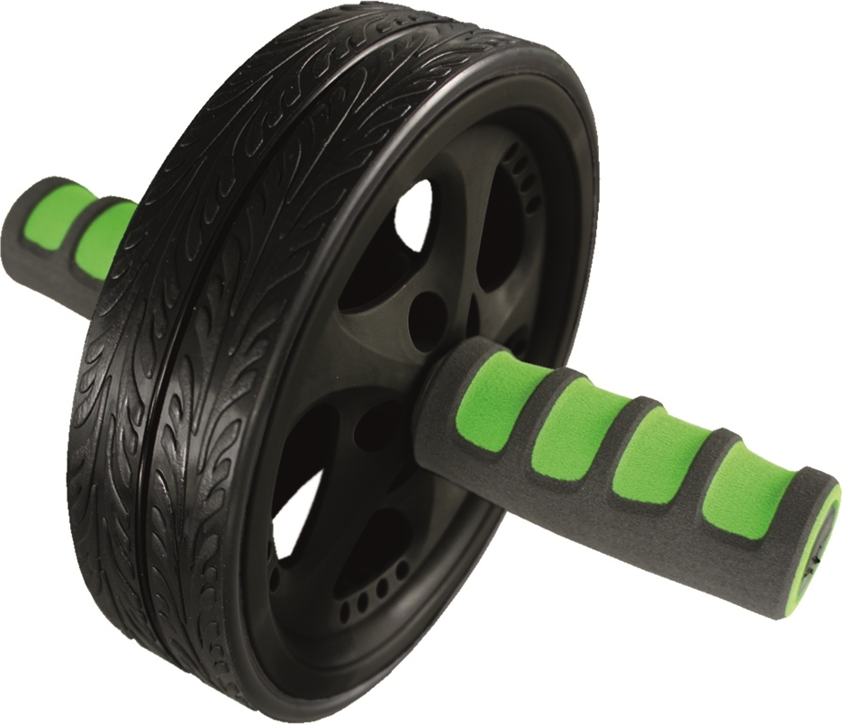 Ein Bauchmuskel-Rollrad mit schwarzem Rad und grün-schwarzem Griff für Fitnessübungen