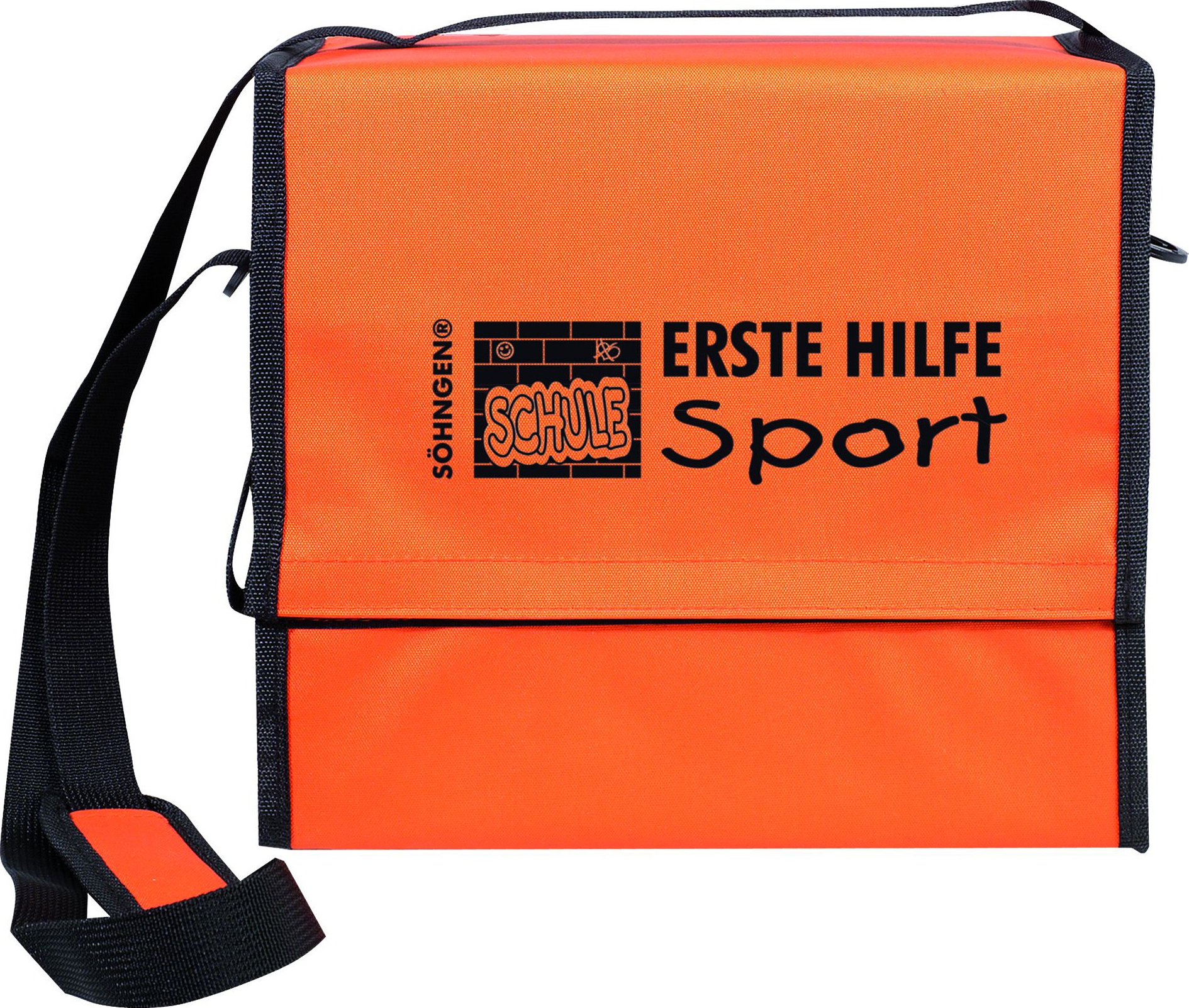 Leuchtend orangefarbene Erste-Hilfe-Tasche für den Schulsport mit schwarzem Aufdruck und verstellbarem Schultergurt