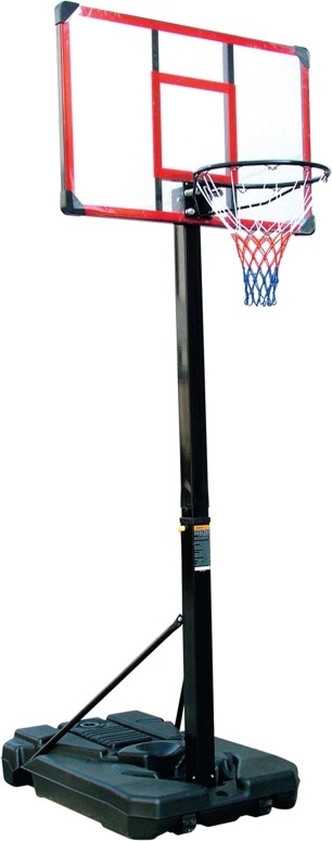 Un canestro da basket mobile con base nera, tabellone rosso e trasparente e rete rossa e blu.