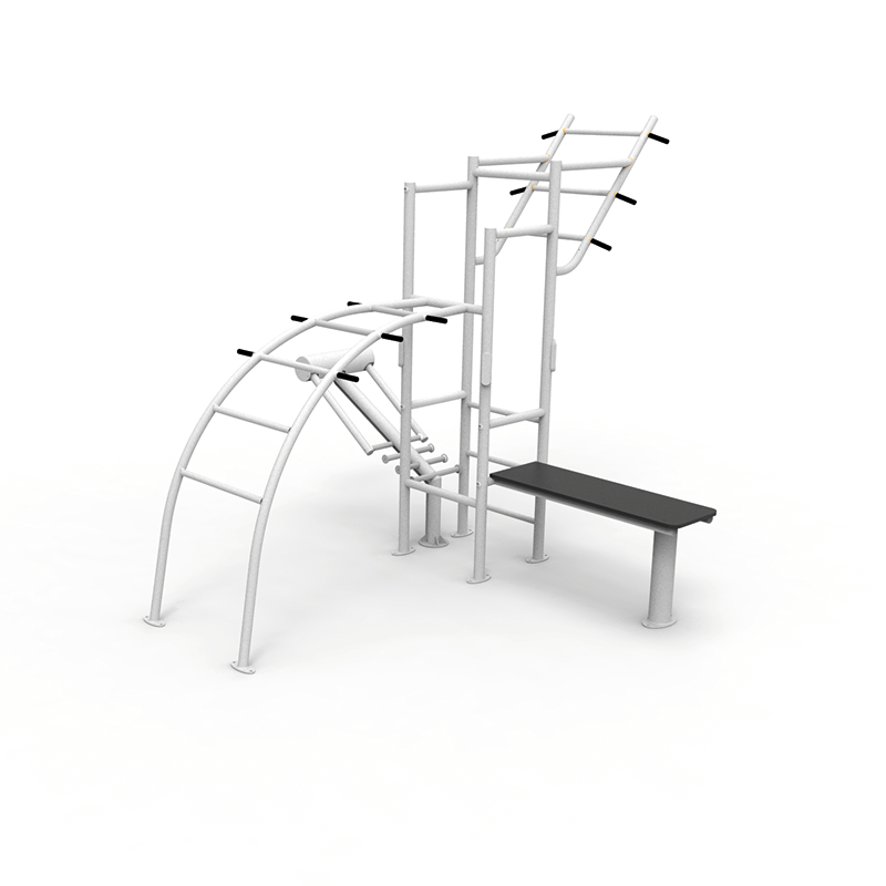 Multifunktionales Outdoor-Fitnessgerät aus Metall mit Klettergerüst und Bank auf weißem Hintergrund