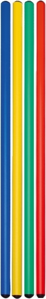 Vier bunte Plastikrohre in den Farben Blau, Gelb, Grün und Rot auf weißem Hintergrund