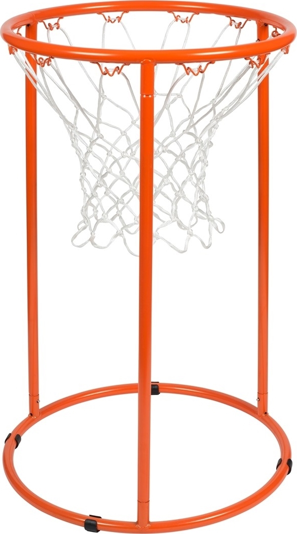 Ein freistehender Basketballkorb aus orangefarbenem Metall mit weißem Netz, geeignet für Spiel und Training drinnen und draußen