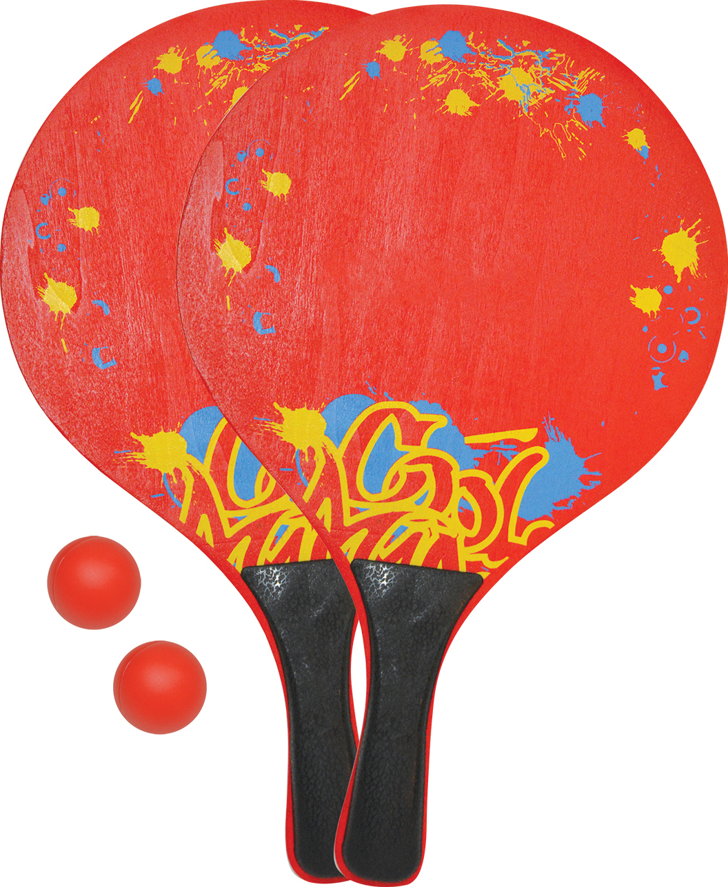 Un set da ping pong rosso brillante con due racchette decorate con cura e due palline da ping pong abbinate
