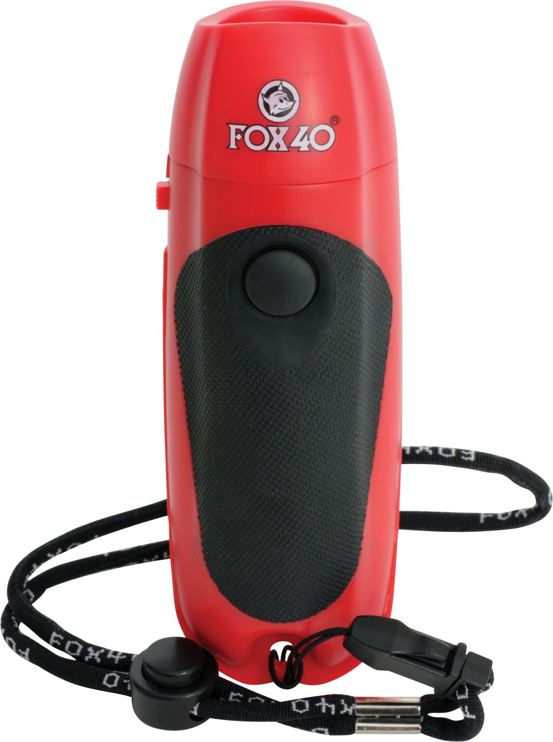 Rote Handsirene Fox 40 mit schwarzem Griff und Trageband