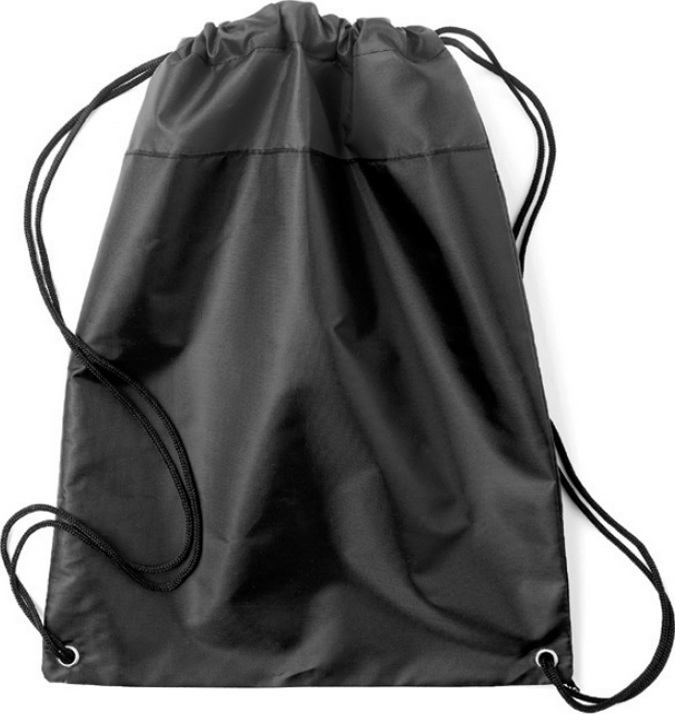 Ein schwarzer Turnbeutel mit Kordelzug, ideal für Sport und Freizeit.