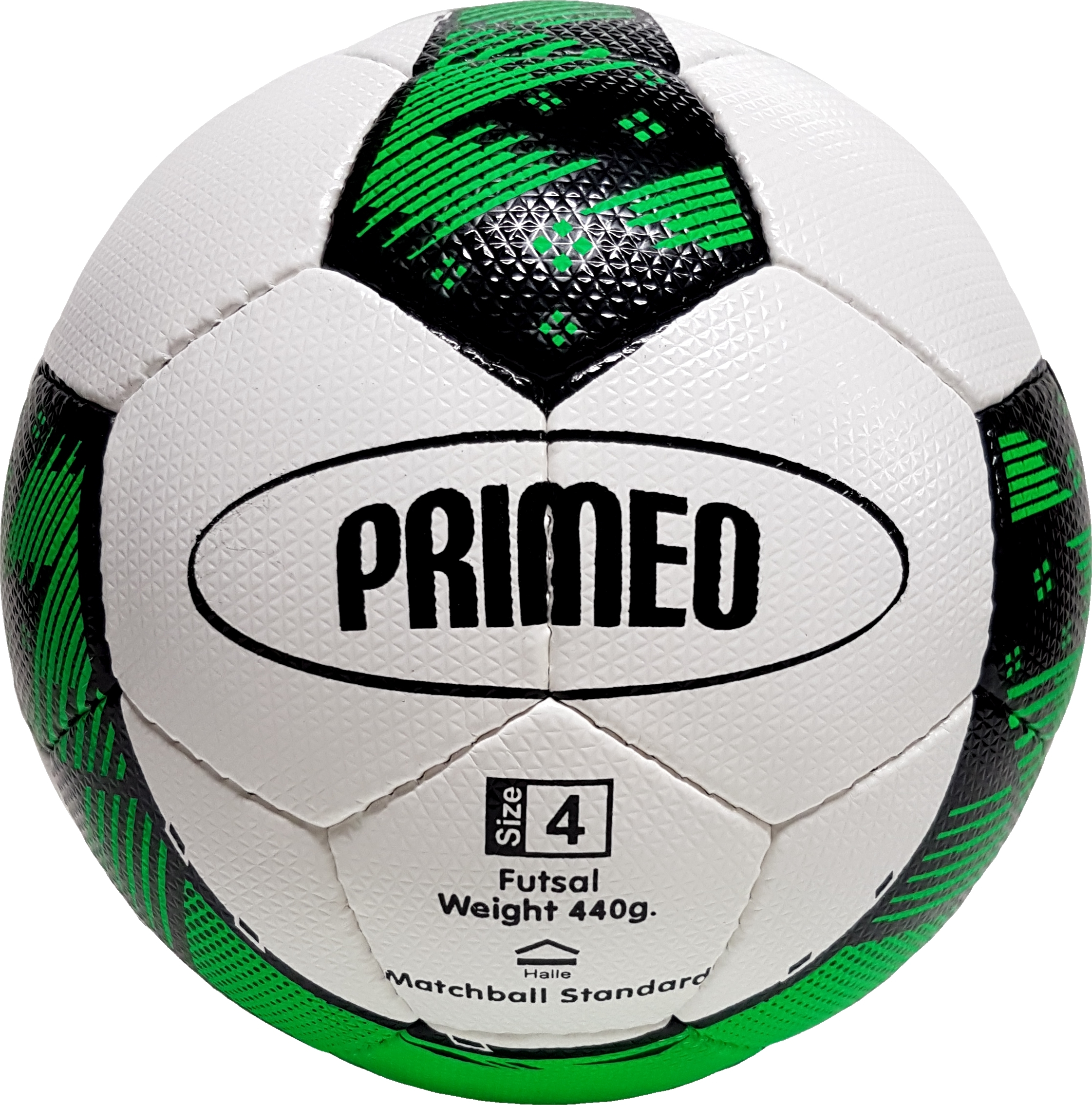Futsalball der Marke Primeo in Größe 4, hauptsächlich weiß mit grünen und schwarzen Akzenten, Gewicht 440g.
