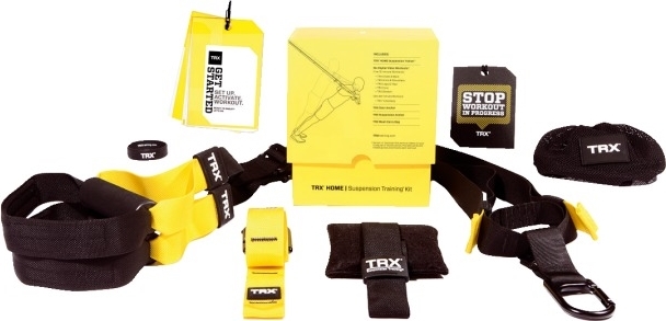 Bild des TRX Suspension Trainer Sets, ideal für vielseitige Fitnessübungen zu Hause mit Gurten, Handbüchern und Zubehör.