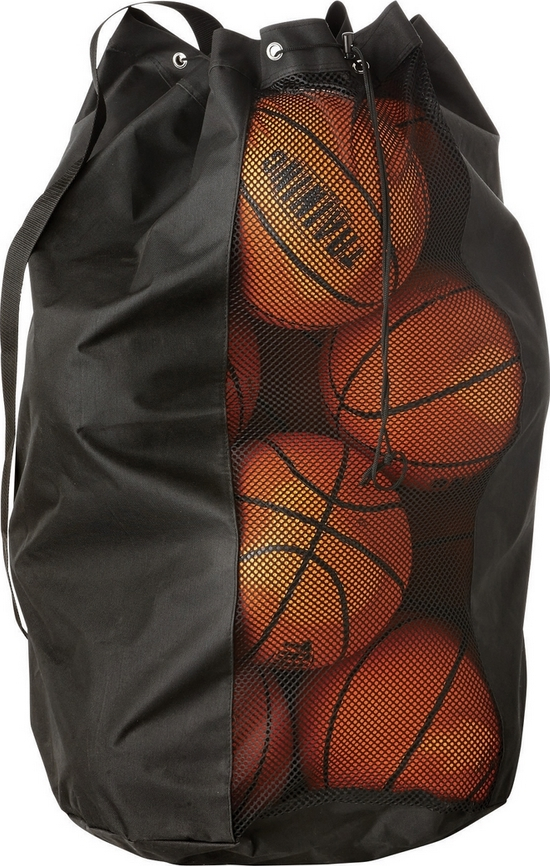 Schwarze Tragetasche mit Netzeinsatz, gefüllt mit Basketbällen