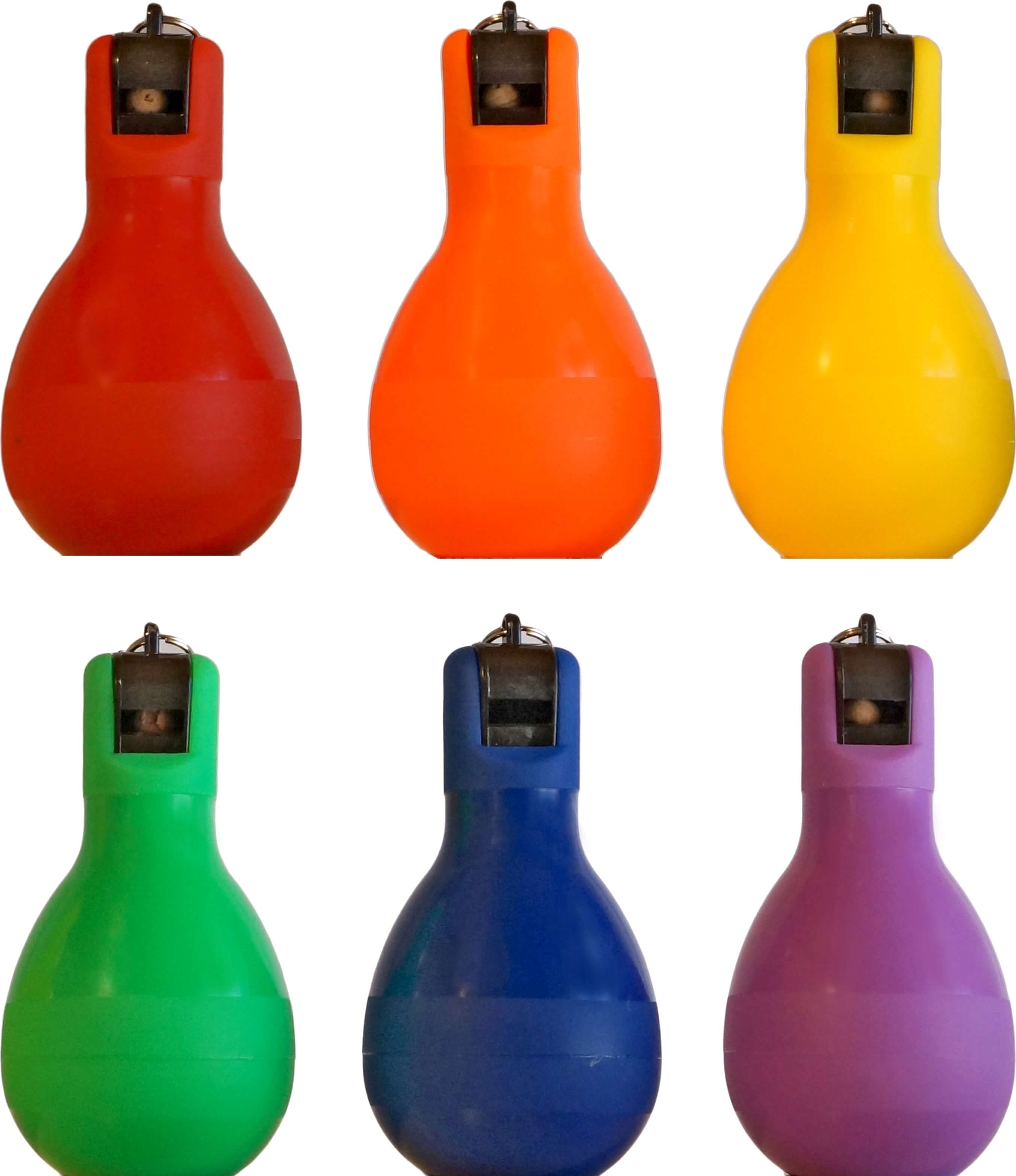 Sechs Anspitzer in Form von Glühbirnen in den Farben Rot, Orange, Gelb, Grün, Blau und Violett