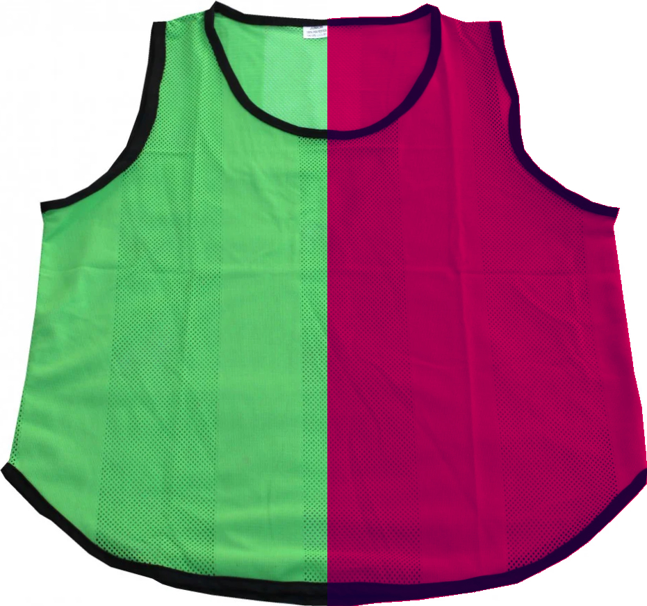 Beidseitig verwendbares Sporttrikot mit einer Hälfte in Grün und der anderen in Magenta mit schwarzem Rand