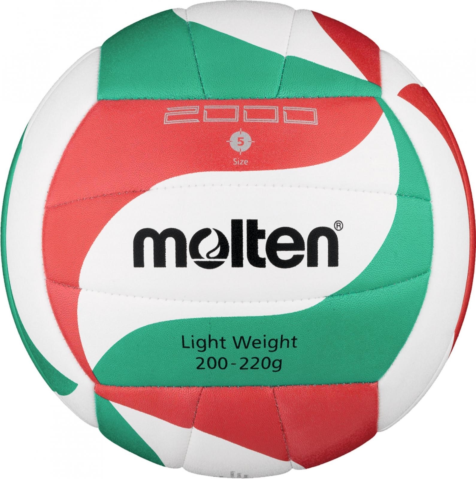 Molten Volleyball in Rot, Grün und Weiß mit der Aufschrift 'Light Weight 200-220g', Größe 5