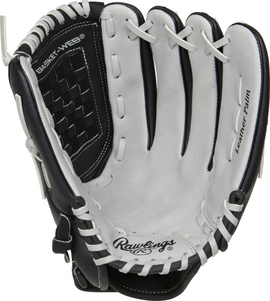 Weißer und schwarzer Rawlings Baseballhandschuh mit Basket-Web und Lederhandfläche
