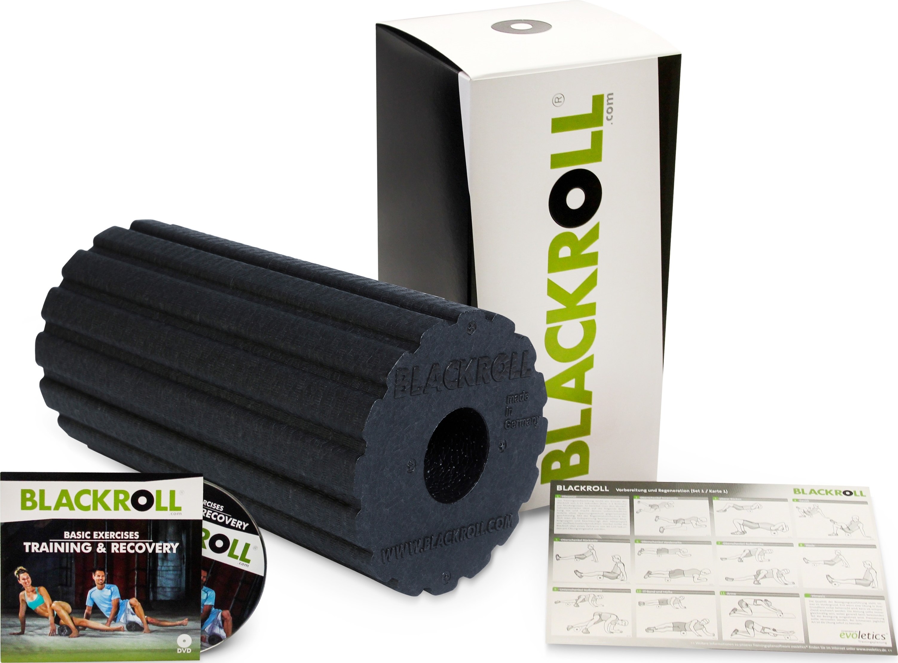 Eine BLACKROLL Faszienrolle, eine Übungs-DVD und eine gedruckte Anleitung, verpackt in einer Box.