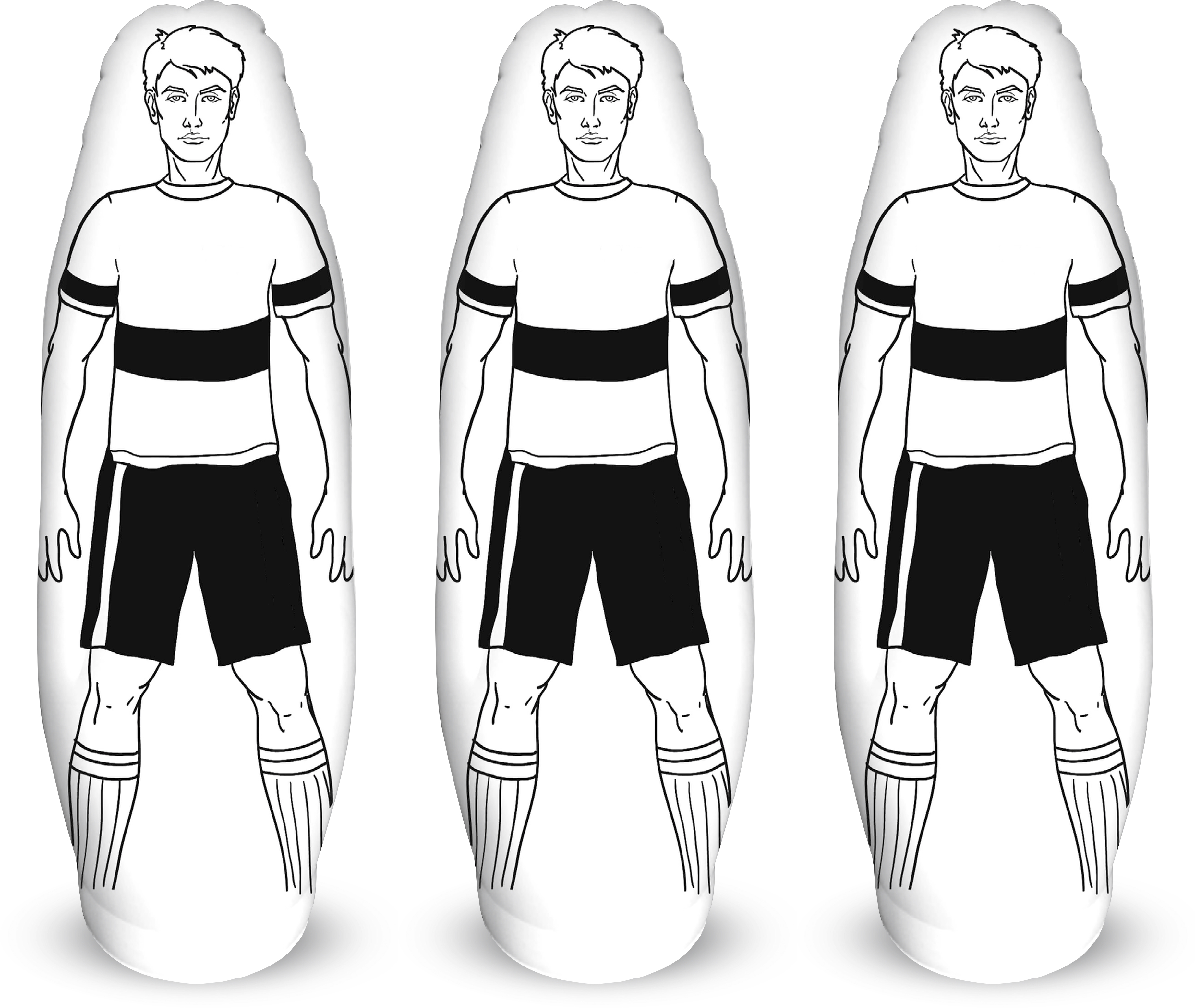 Drei aufblasbare Fußball-Dummies in Schwarz-Weiß, geeignet für Trainingsübungen und Taktikschulung