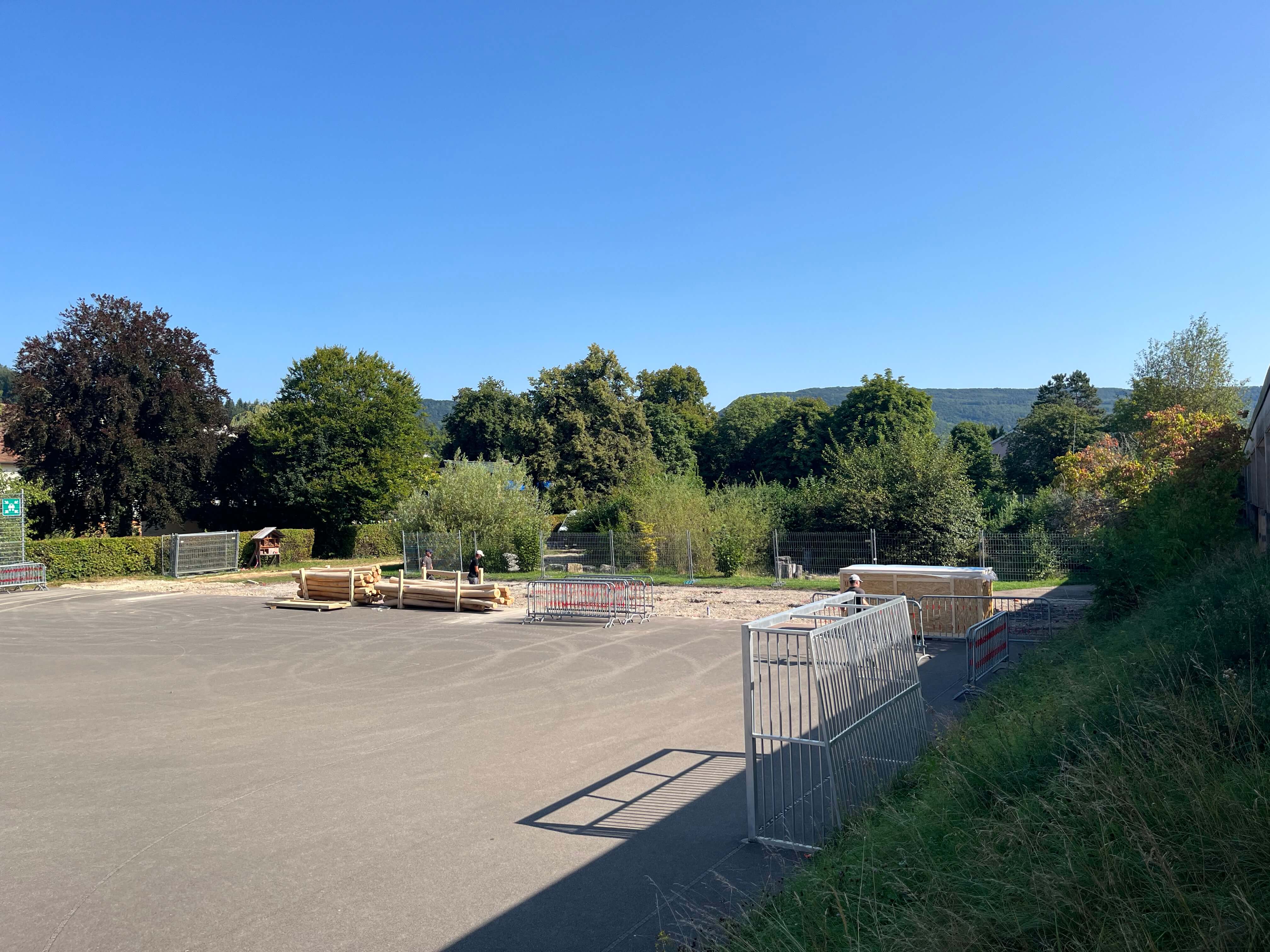 Ein freier Parkplatz mit gestapeltem Holz, umgeben von Bäumen und Hügeln im Hintergrund, bei klarem, sonnigem Wetter