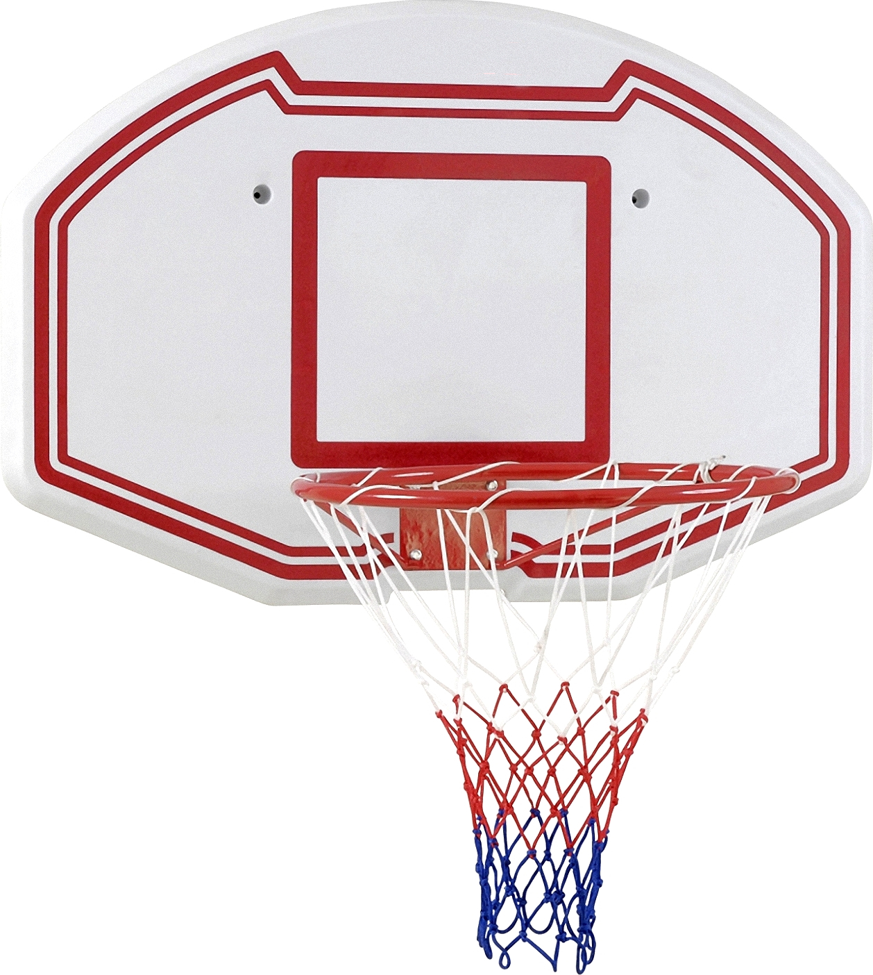 Un canestro da basket con rete rossa e blu, montato su un tabellone bianco, adatto all'uso esterno.