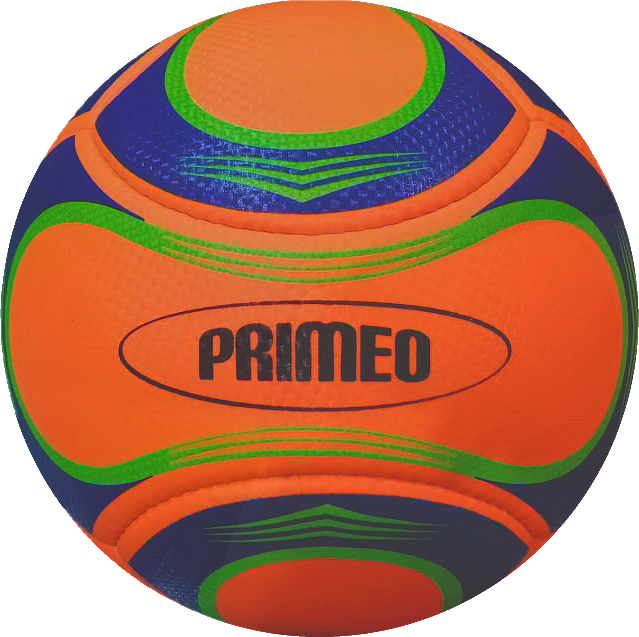 Ein auffälliger, mehrfarbiger Ball der Marke Primeo, ideal für Sport und Freizeitaktivitäten.
