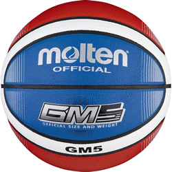 Molten GM5 Basketball in blau-rot mit offizieller Größe und Gewicht, geeignet für professionelle Spiele.