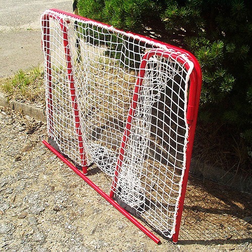 Deux cages de hockey sur glace rouges avec des filets blancs sont installées à l'extérieur sur un sol stabilisé, à côté d'un arbre