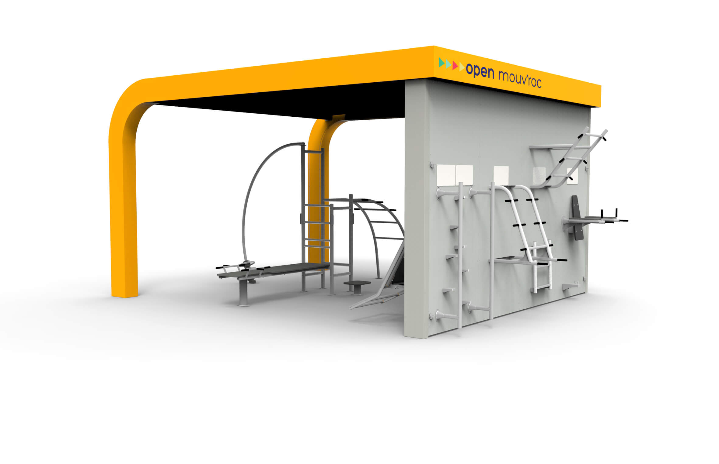 Modulares Outdoor-Fitnessgerät mit gelbem Dach für verschiedene Übungen