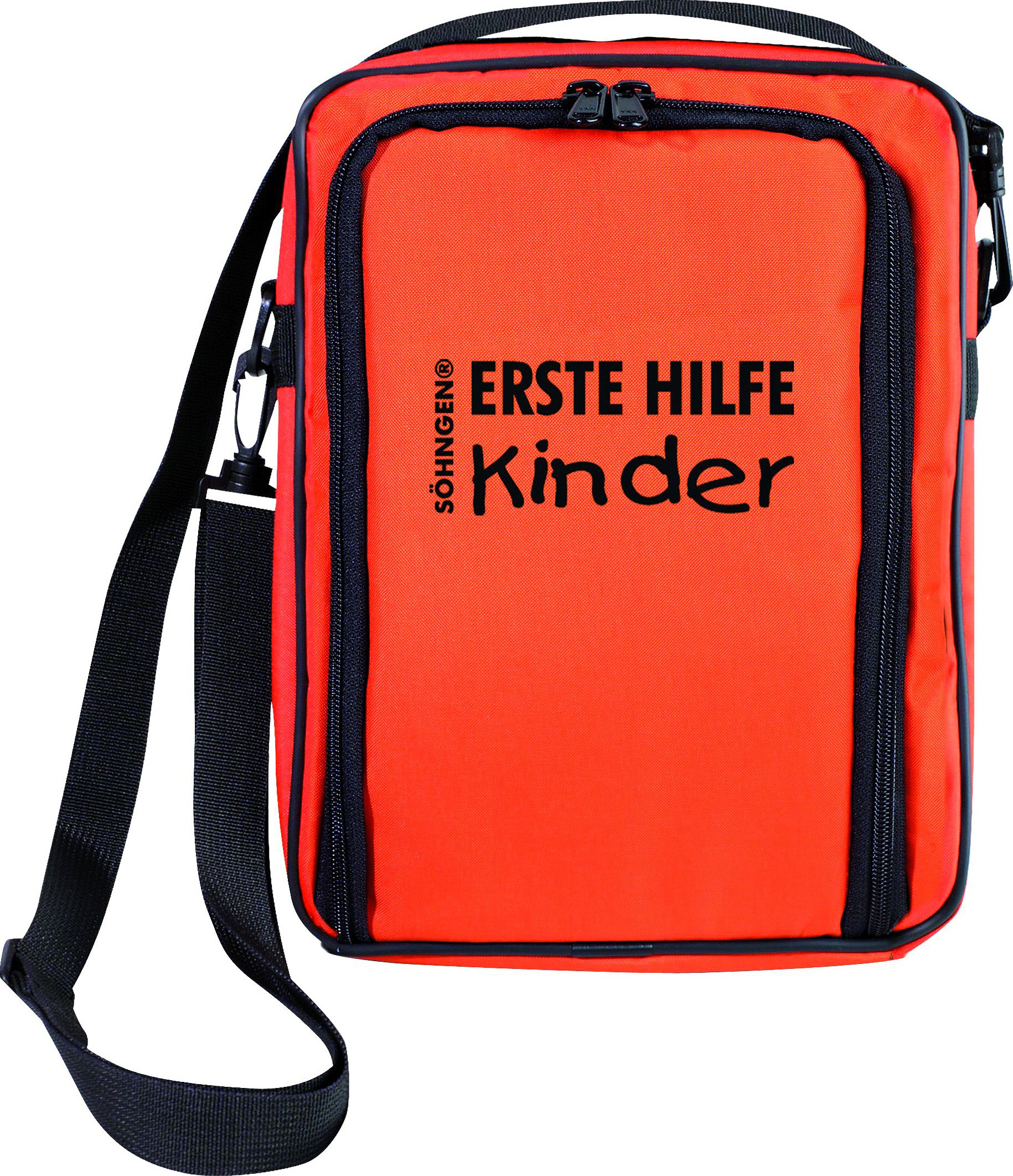 Orangene Erste-Hilfe-Tasche für Kinder mit schwarzem Trageriemen und Aufschrift 'ERSTE HILFE Kinder'