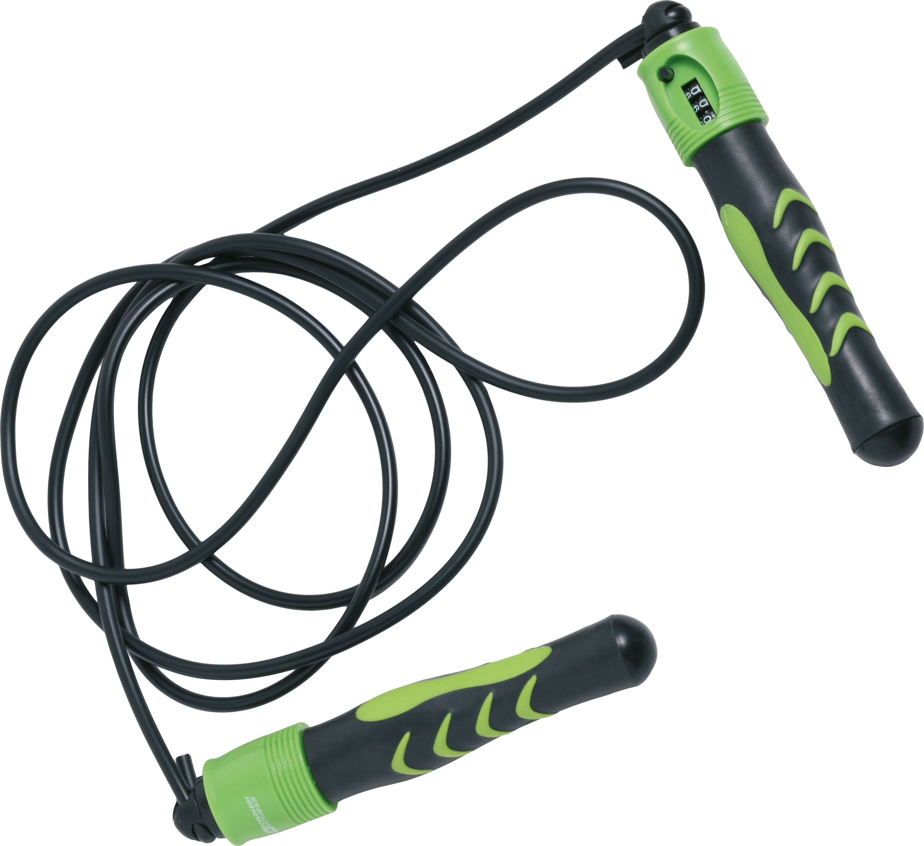 Ein schwarzes Springseil mit grünen Griffen und eingebautem Zähler, ideal für Fitnessübungen