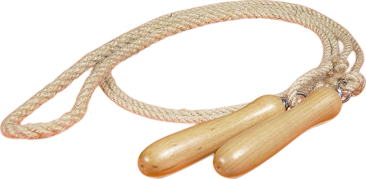 Ein robustes Springseil mit Holzgriffen und einem langlebigen Naturseil, ideal für Fitnessübungen und Ausdauertraining.