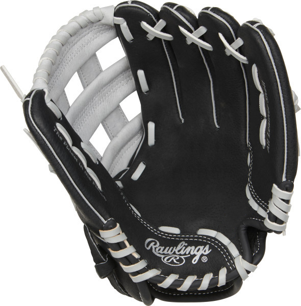 Ein offener Baseballhandschuh von Rawlings, schwarz mit weißen Nähten, aus Leder gefertigt.