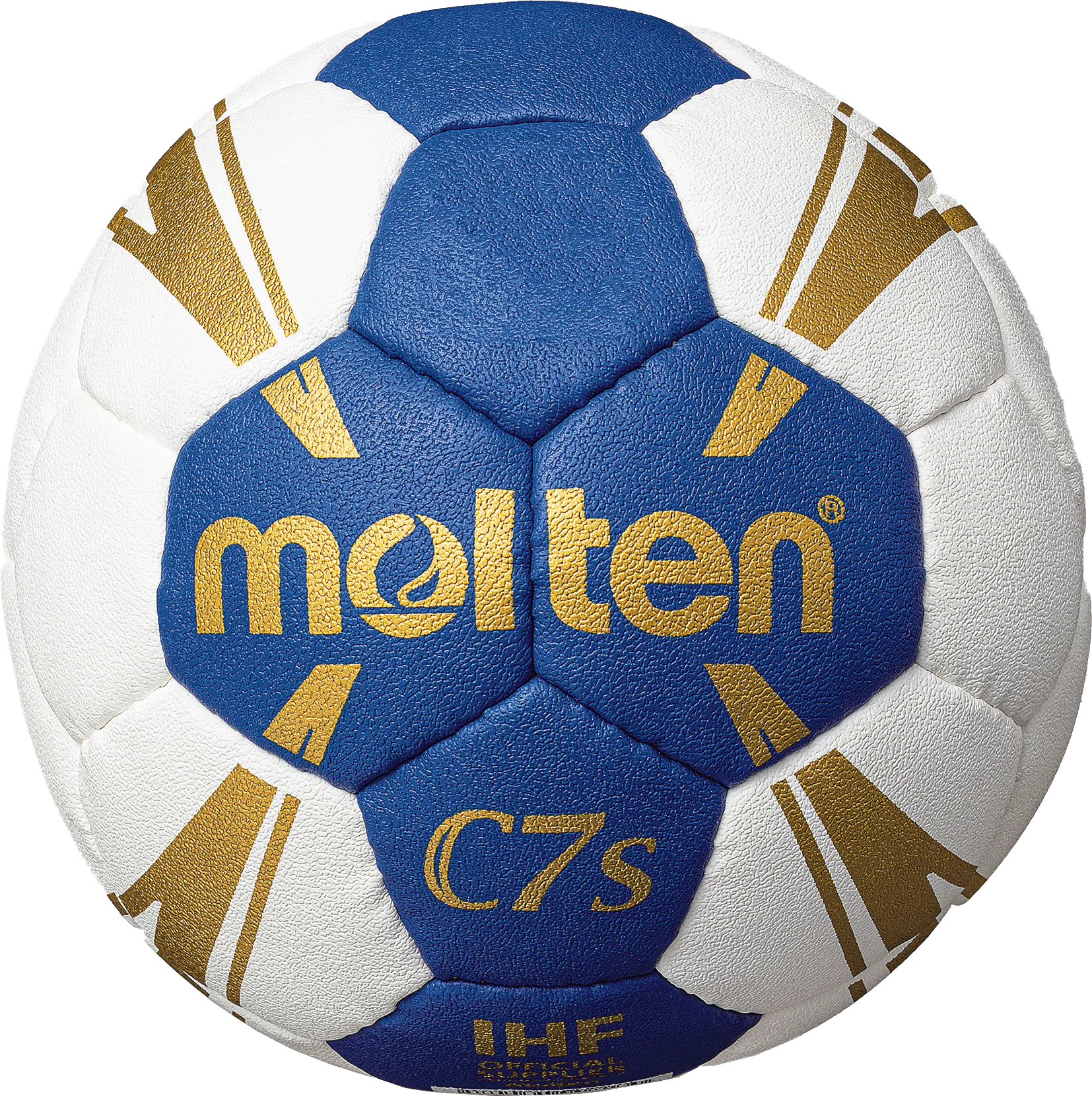 Blau-weißer Molten C7s Handball mit goldener Schrift, IHF Zertifizierung