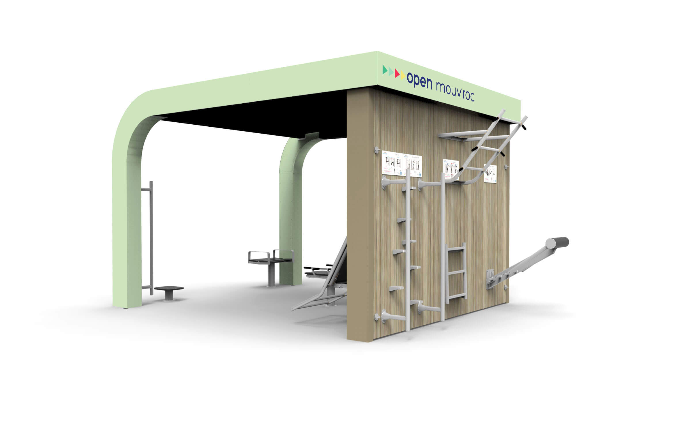 Darstellung einer Outdoor-Fitnessstation mit verschiedenen Trainingsgeräten und Kletterwand von Open Mouvroc