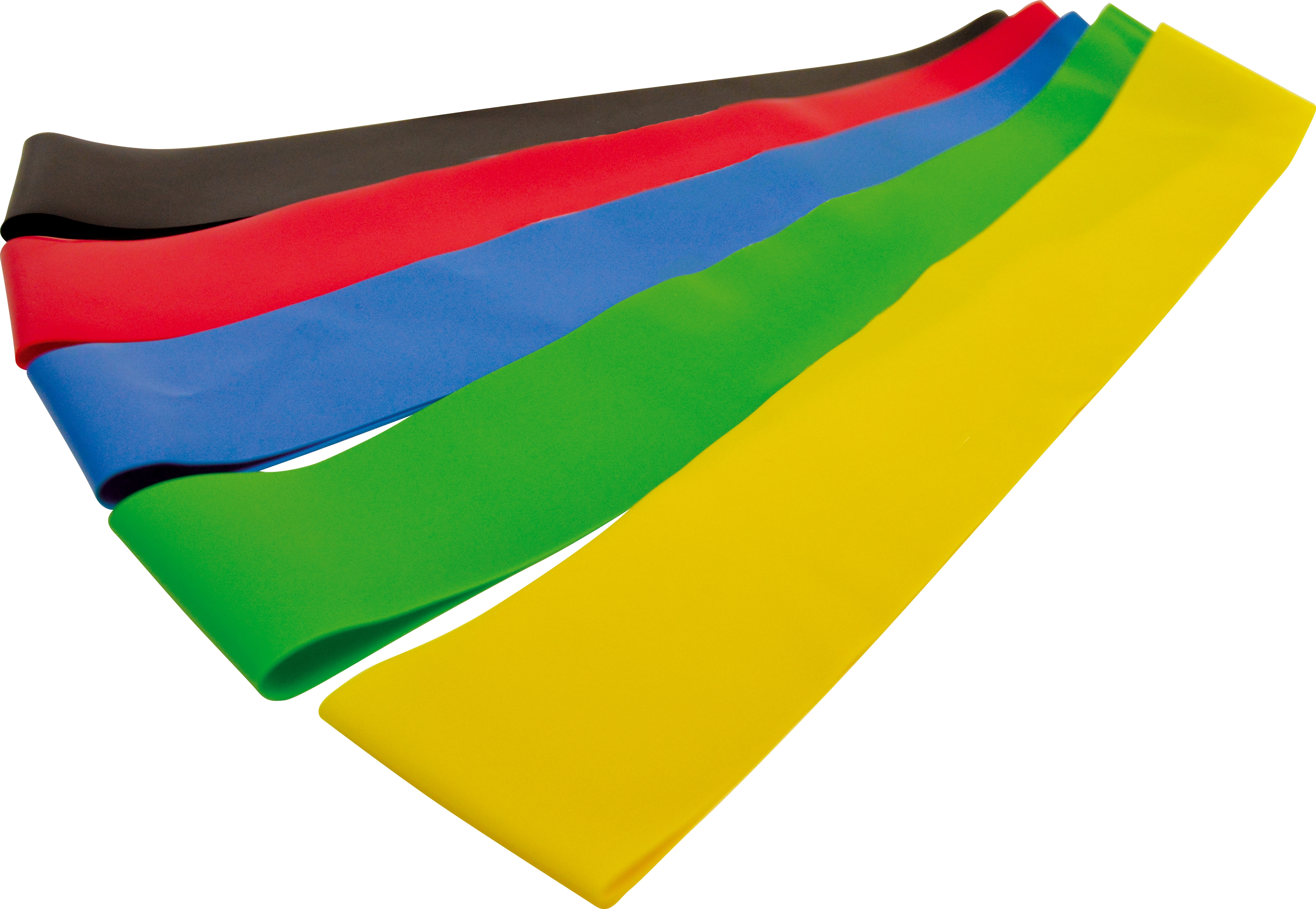 Fünf bunte Fitnessbänder in den Farben Schwarz, Rot, Blau, Grün und Gelb nebeneinander