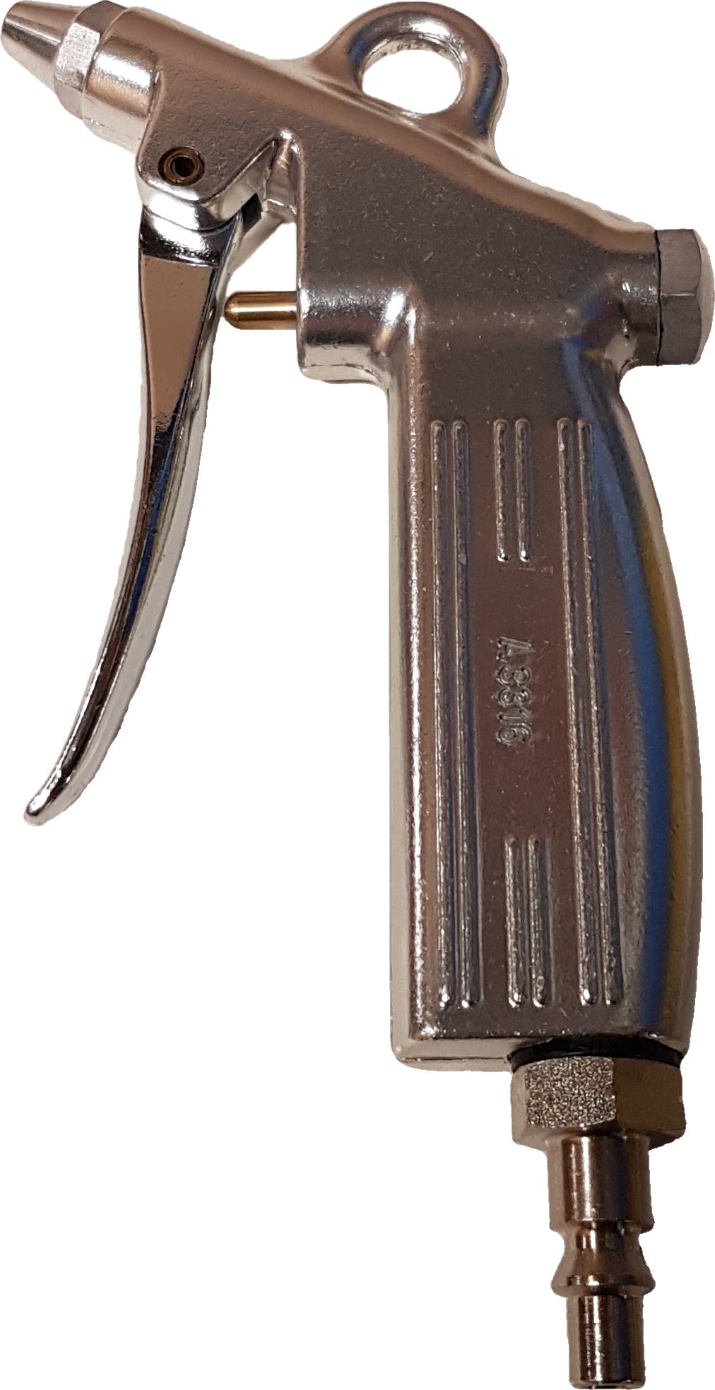 Druckluft-Blaspistole mit metallischem Gehäuse und ergonomischem Design, ideal für die Reinigung und das Entfernen von Staub in Werkstattumgebungen.