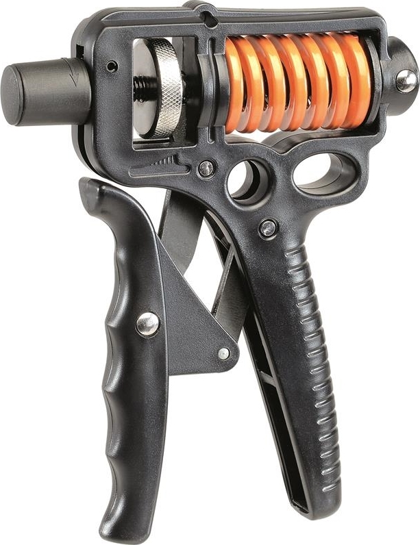 Schwarzer Handgrifftrainer mit orangener Feder zur Stärkung der Handmuskulatur