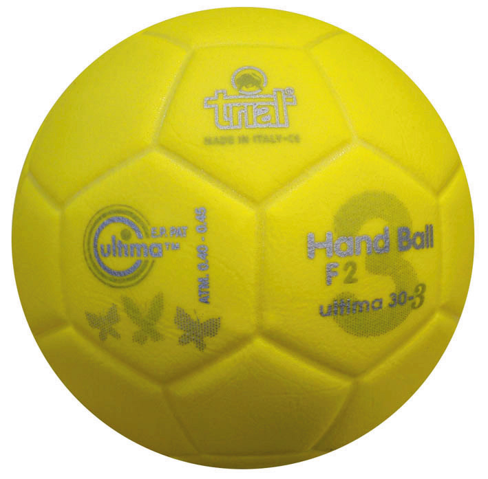 Gelber Handball mit Aufschrift 'Trial', geeignet für verschiedene Spielarten