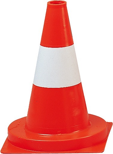 Ein orange-weißer Verkehrskegel aus Kunststoff zur Verkehrsregelung und Sicherheit auf Baustellen