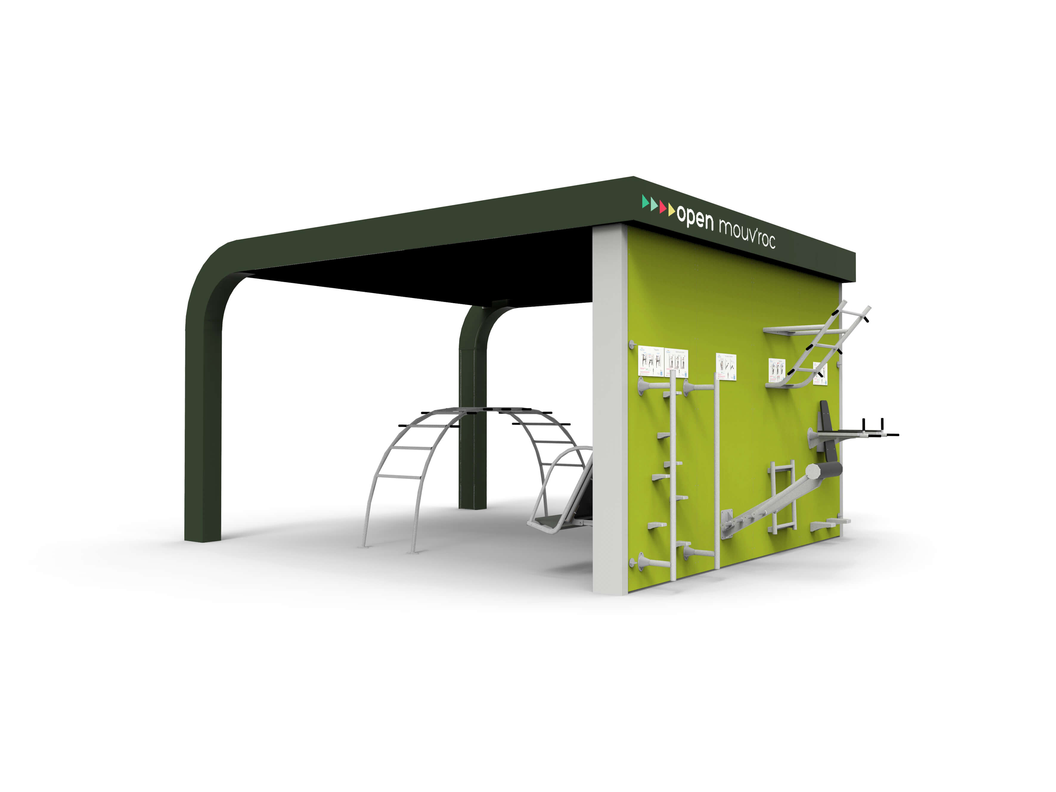 Moderne Outdoor-Fitnessstation mit verschiedenen Geräten für ein umfassendes Bewegungstraining