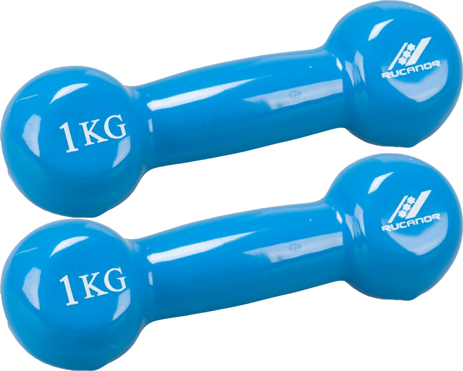 Zwei blaue 1 kg Hanteln mit dem Aufdruck 'Rucanor', geeignet für Heim- und Fitnessstudio-Training