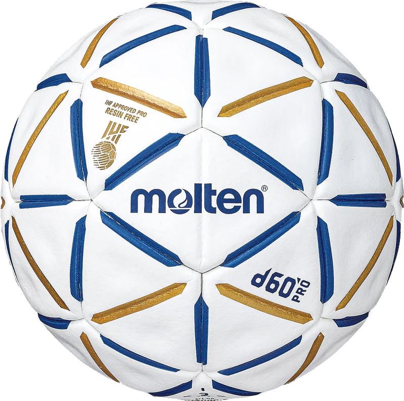 Nahaufnahme des Molten d60 PRO Handballs, IHF-zertifiziert und harzfrei, mit blauen und goldenen Akzenten