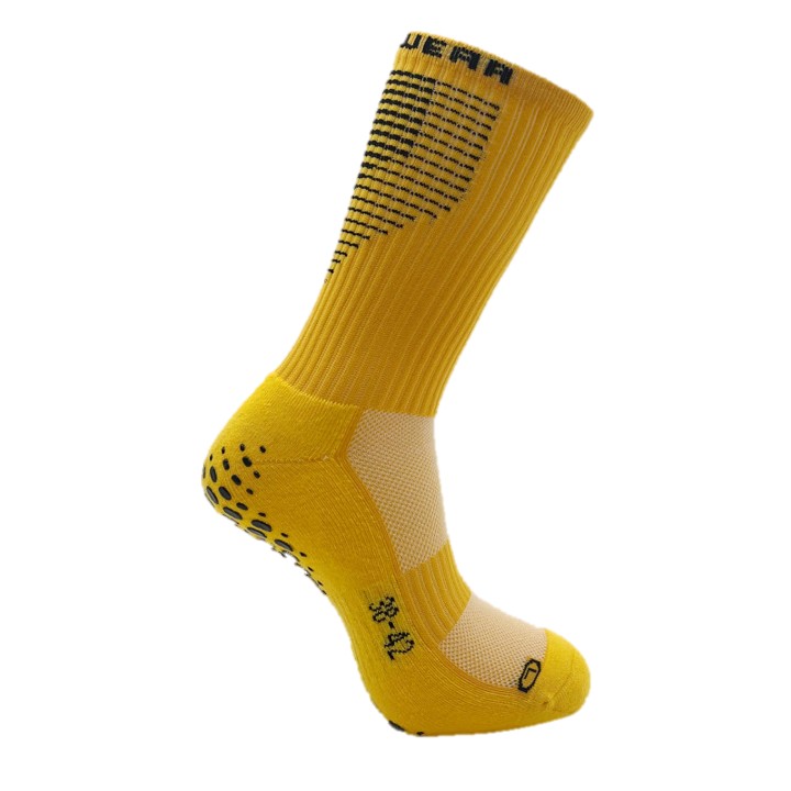 Gelbe Sportsocke in Größe 38-42 mit gepolstertem Fußbett und rutschfestem Griffmuster auf der Sohle.