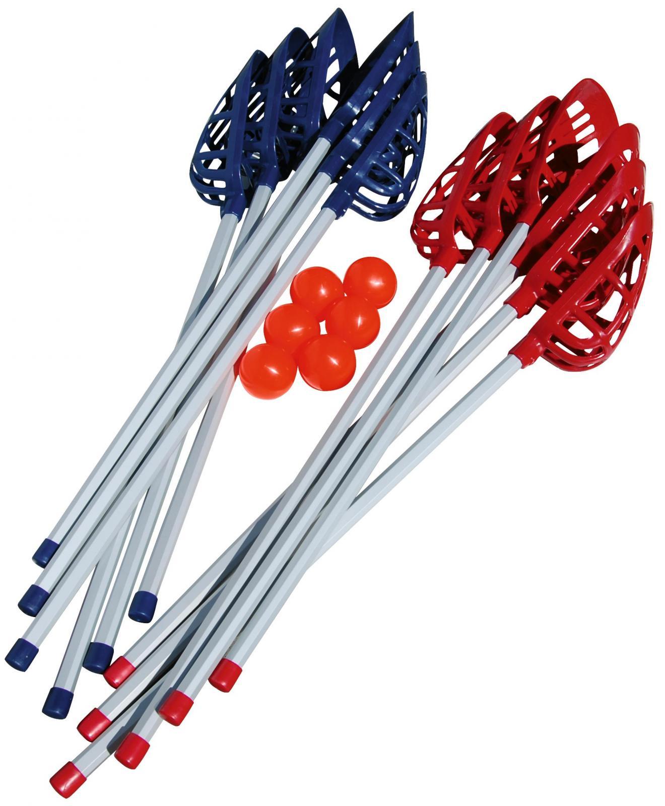Due set di mazze da lacrosse in blu e rosso con palline arancioni